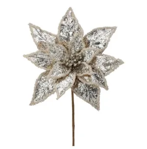 24" Silver Glitter Poinsettia Stem Set Of 6