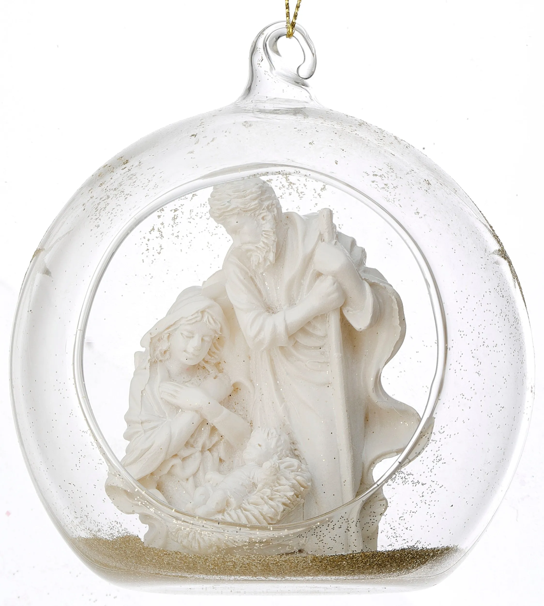 4" Resin Holy Family in Gold Glitter Glass Ball Ornament