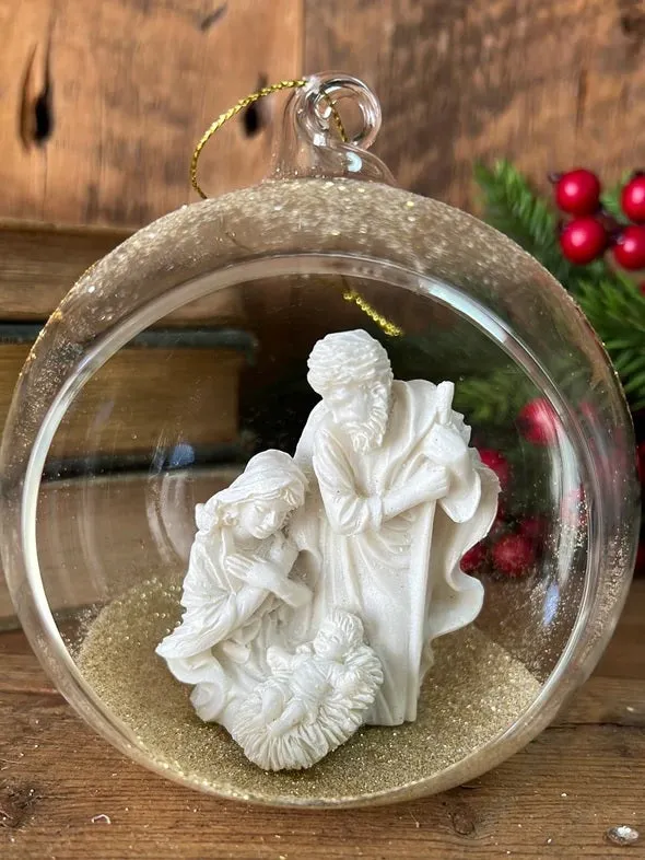 4" Resin Holy Family in Gold Glitter Glass Ball Ornament