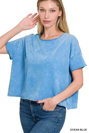 Acid Wash Raw Edge Short Sleeve Crop Top