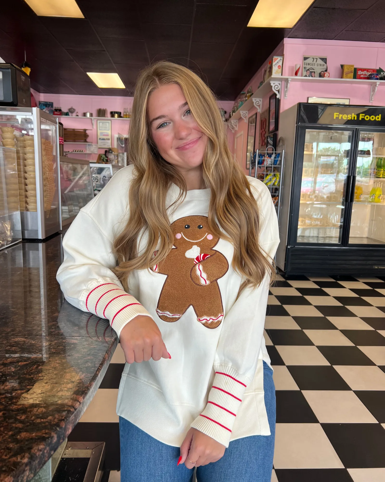 August Bleu Gingerbread Man Chenille Patched Sweatshirt in Belgian Cream