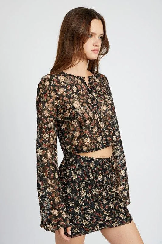 Black Floral Bell Sleeve Cropped Top