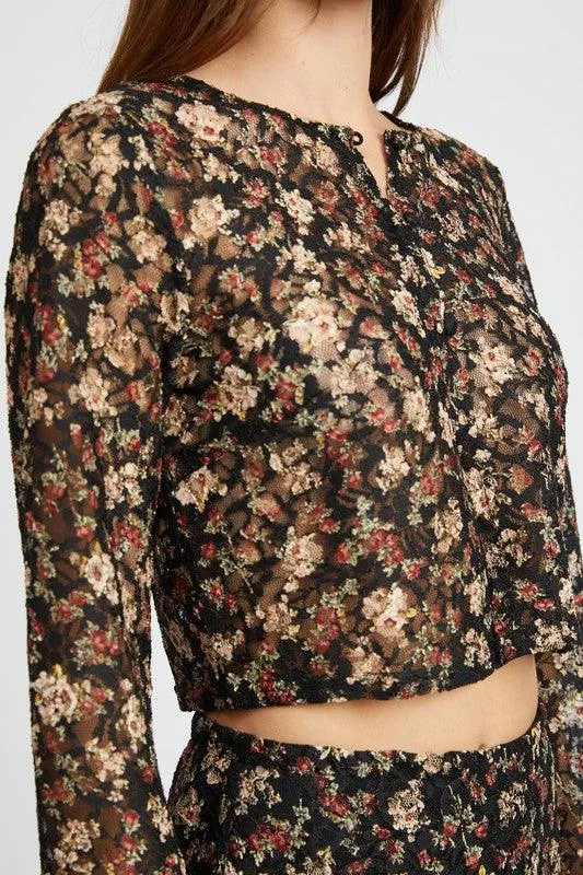 Black Floral Bell Sleeve Cropped Top