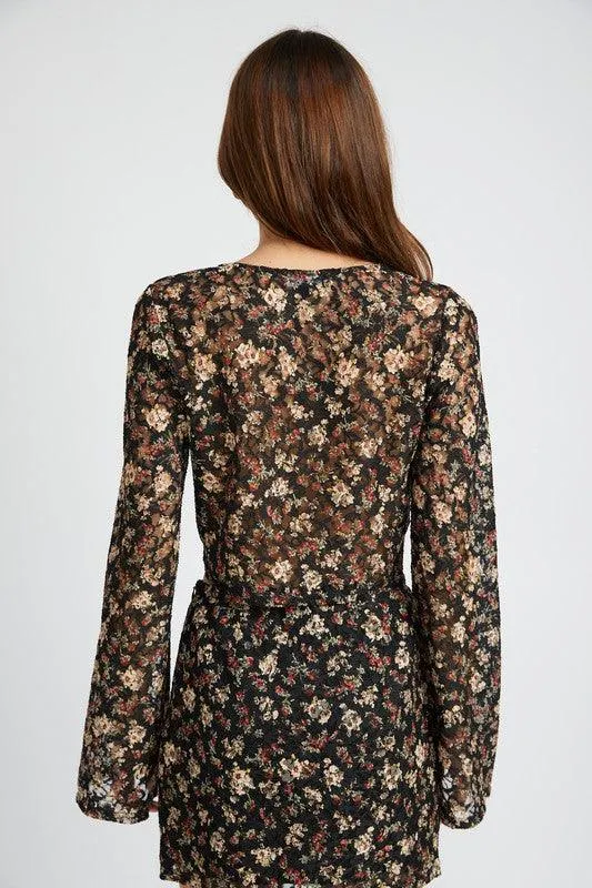 Black Floral Bell Sleeve Cropped Top