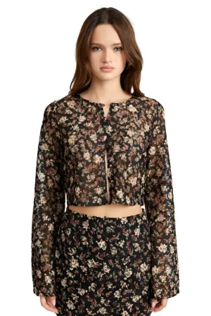 Black Floral Bell Sleeve Cropped Top