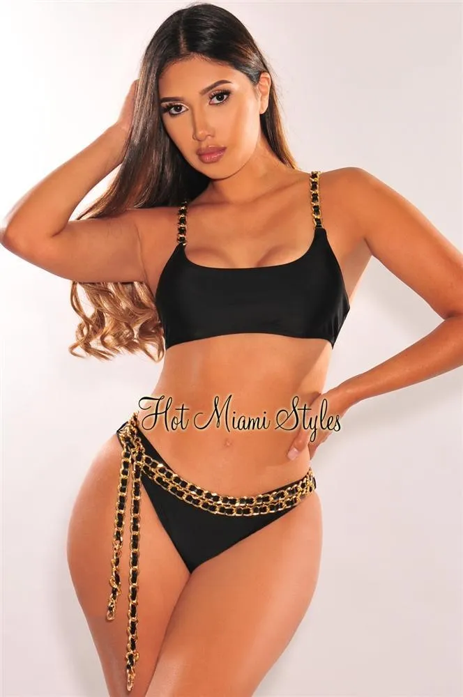 Black Gold Chain Straps Belted Scrunch Butt Bikini Bottom