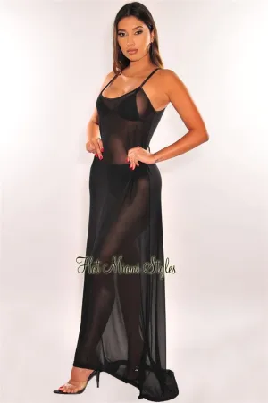 Black Mesh Sheer Spaghetti Straps Maxi Dress Cover Up