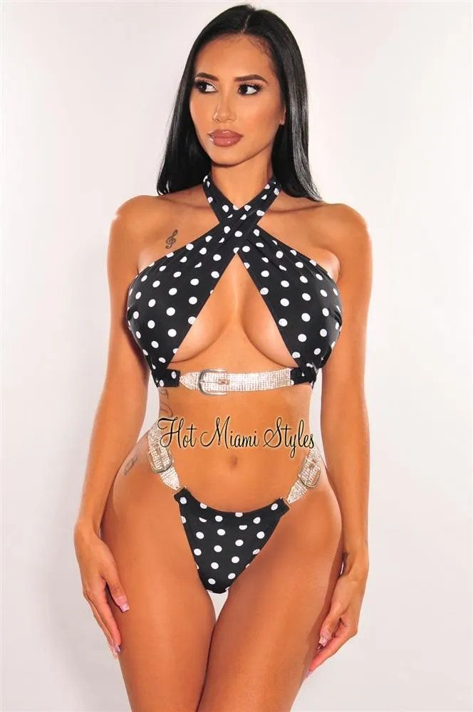 Black Polka Dot Crossover Rhinestone Buckle Bikini Top