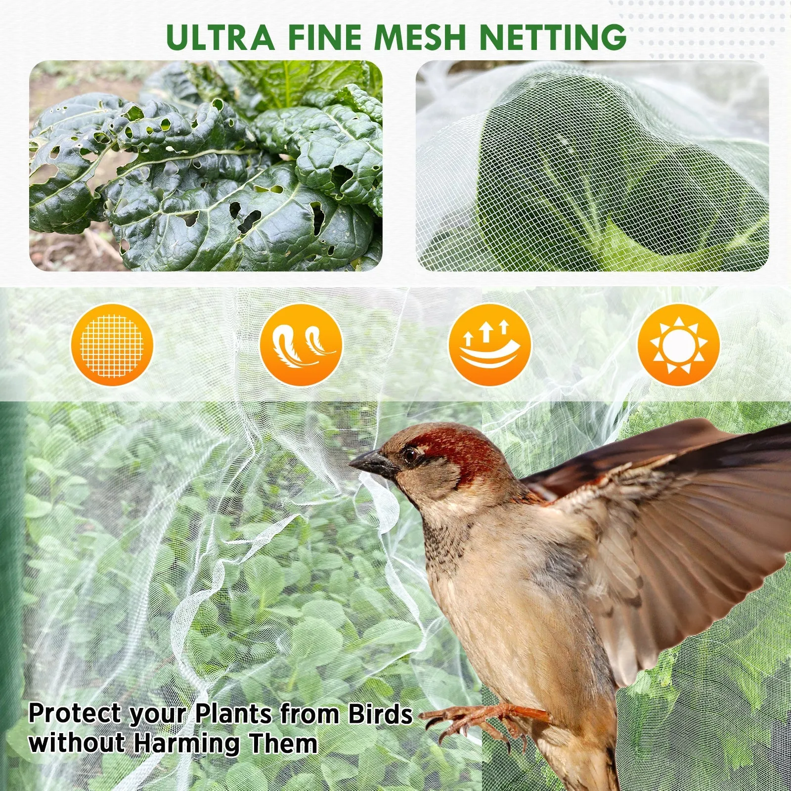 EAGLE PEAK Garden Netting Kit with 8 x 20 ft Mesh Plant Cover, 6 Packs of Garden Hoops, and 12 Clips, Birds Animals Barrier for Protection of Vegetables Crops Plants Fruits Greenhouse Row Cover