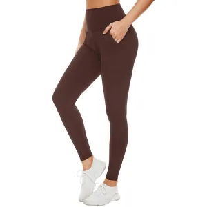 Fullsoft Brown Womens Yoga Leggings With Pocket High Waisted Tummy Control Pants