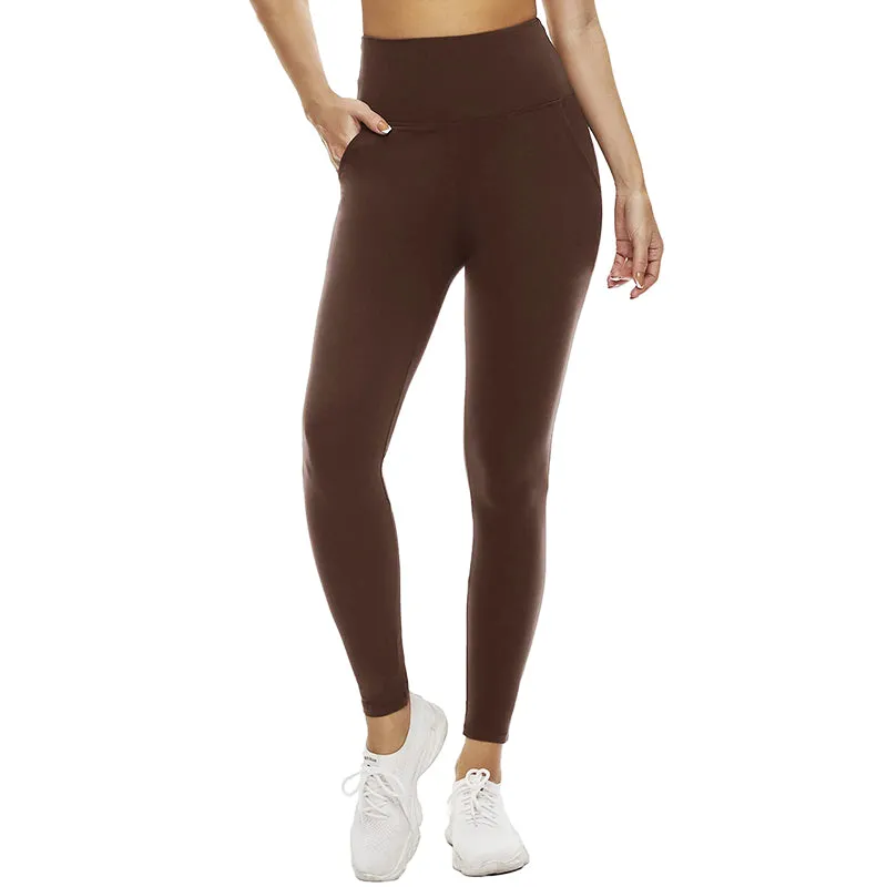 Fullsoft Brown Womens Yoga Leggings With Pocket High Waisted Tummy Control Pants