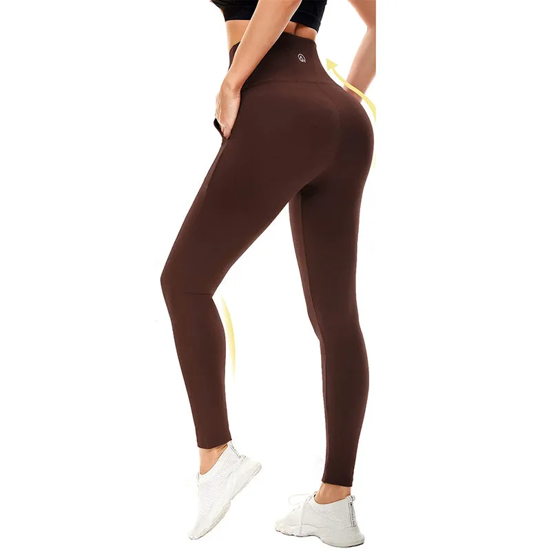 Fullsoft Brown Womens Yoga Leggings With Pocket High Waisted Tummy Control Pants