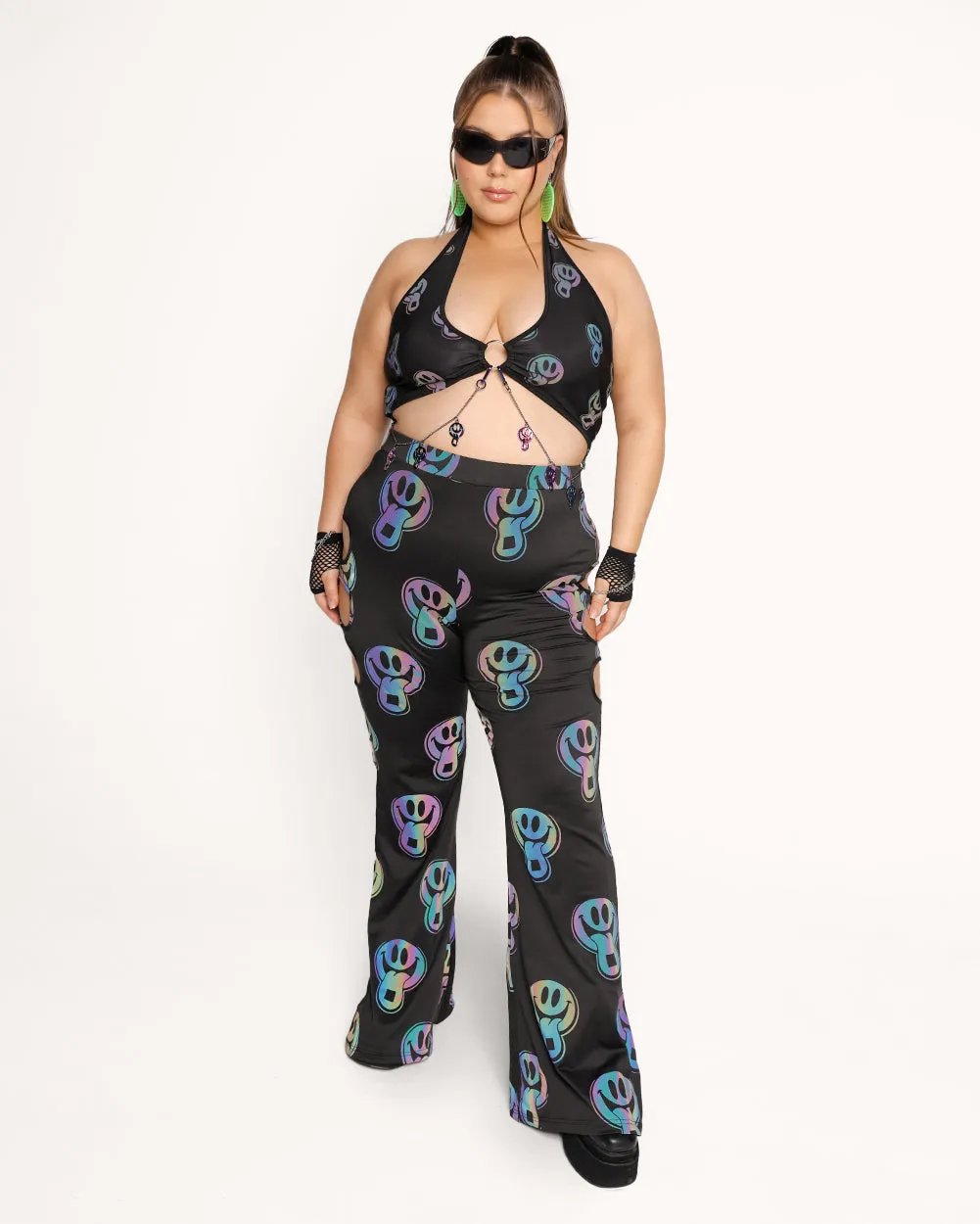 Happy Hour Rainbow Reflective Cutout Bell Bottoms