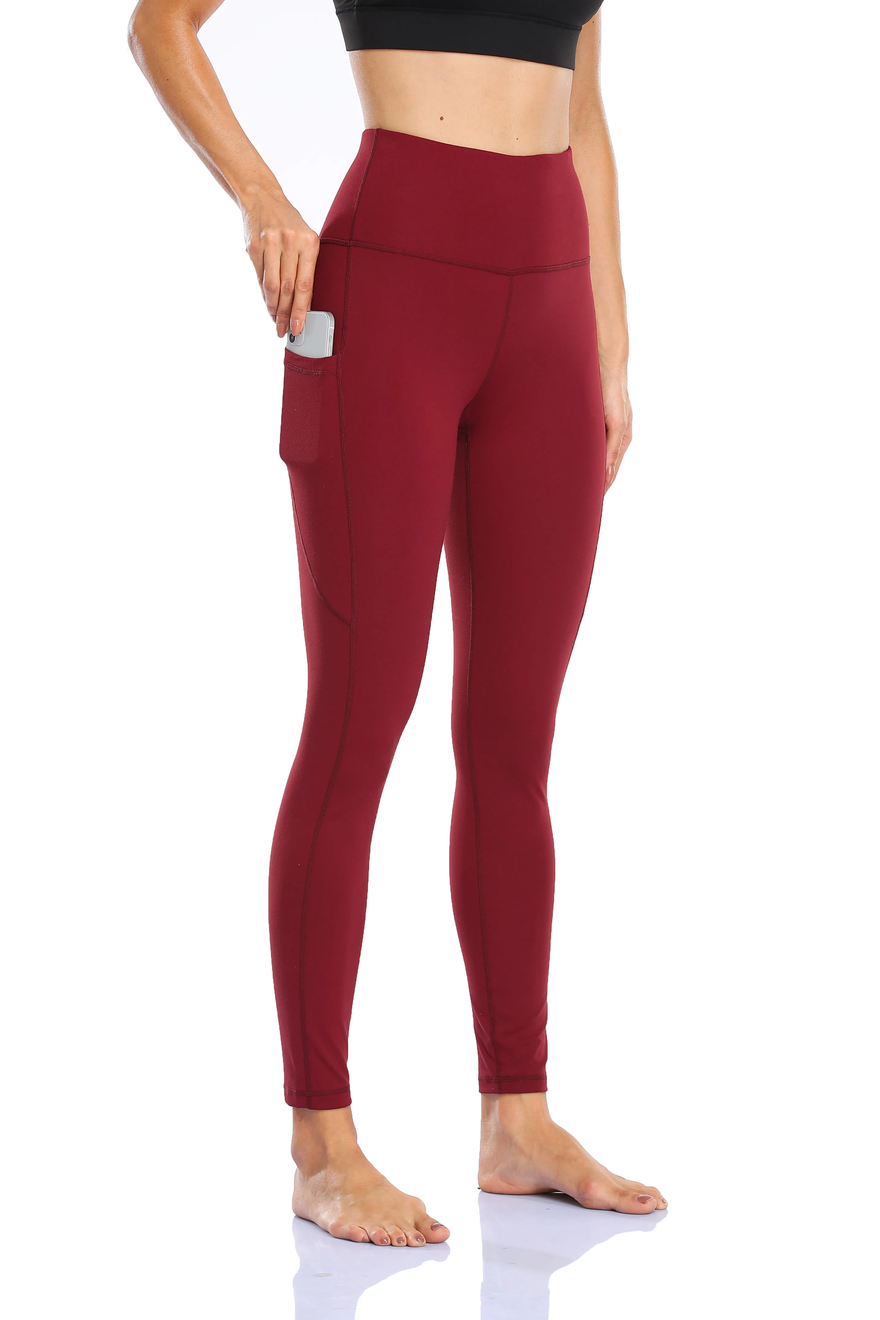 HZORI®|Women's High Waist Yoga Leggings with Pocket Tummy Control Squat Proof Pants Full Length Compression Leggings for Women|Wine Red