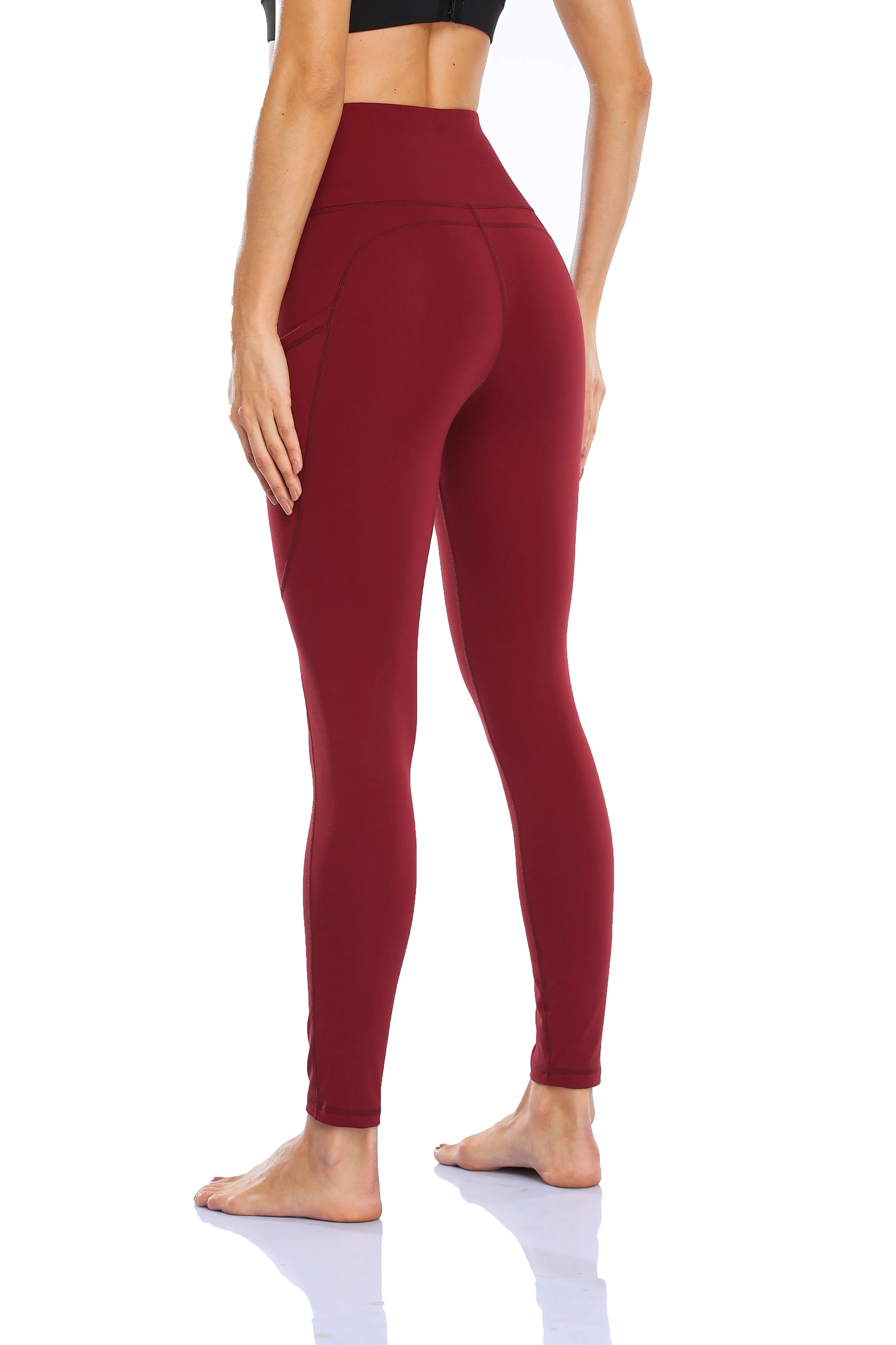 HZORI®|Women's High Waist Yoga Leggings with Pocket Tummy Control Squat Proof Pants Full Length Compression Leggings for Women|Wine Red