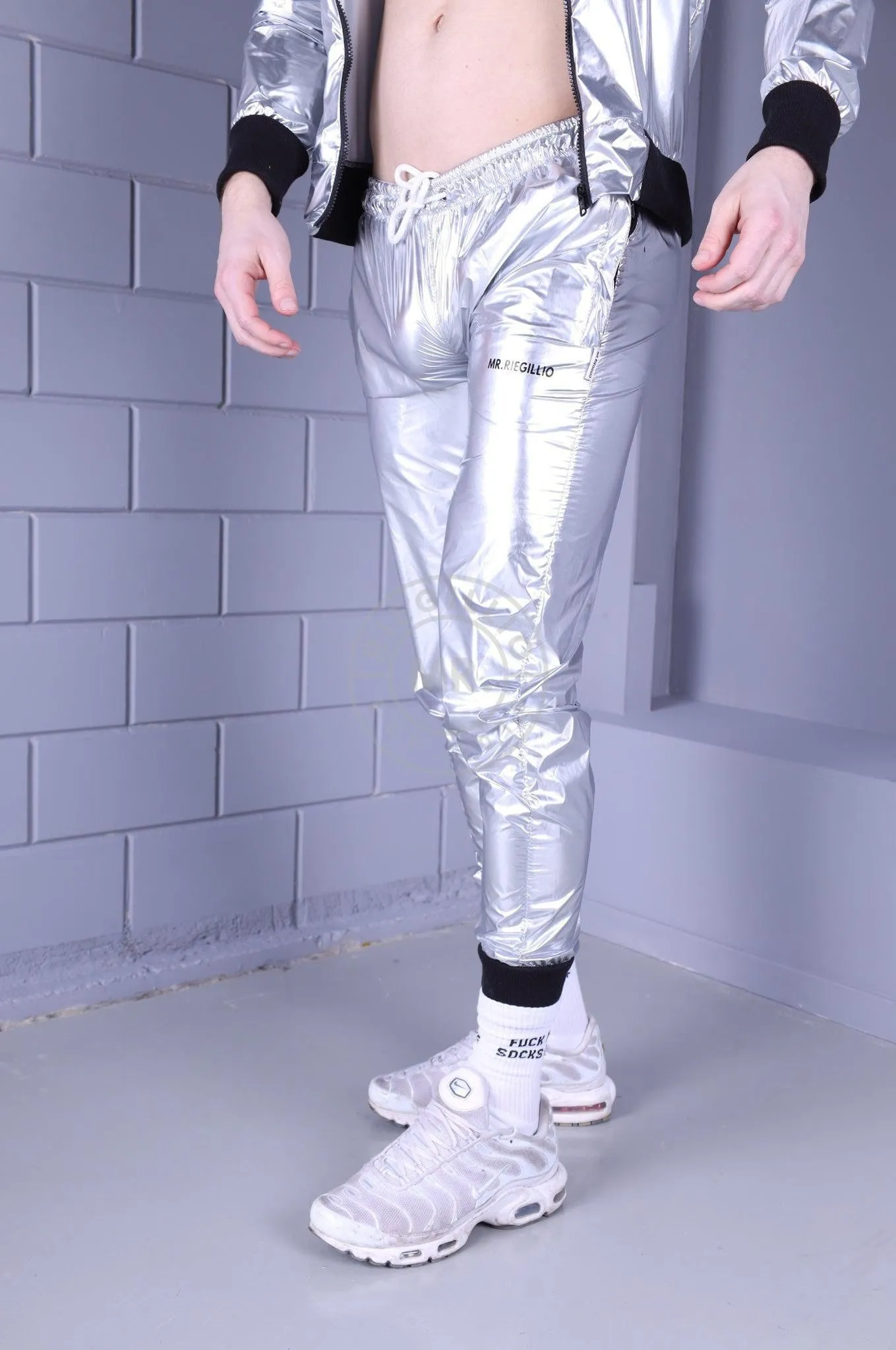 Shiny Nylon Tracksuit Pants - Silver