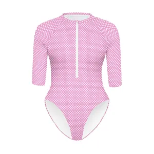 Vampire Art Half-sleeve Zipper Swimsuit - Pink Cottagecore Polka Dot